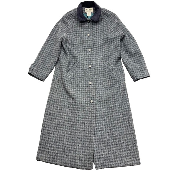 L.L. Bean Jackets & Blazers - LL Bean VTG Gray Blue Wool Overcoat Women's Petite M Suede Collar Houndstooth